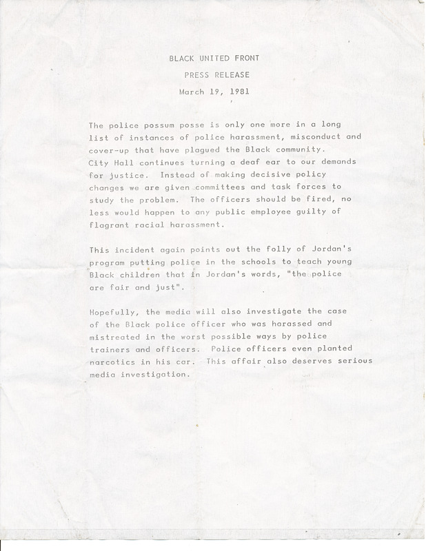 Press release on “Police Possum Posse,” Black United Front, March 19, 1981