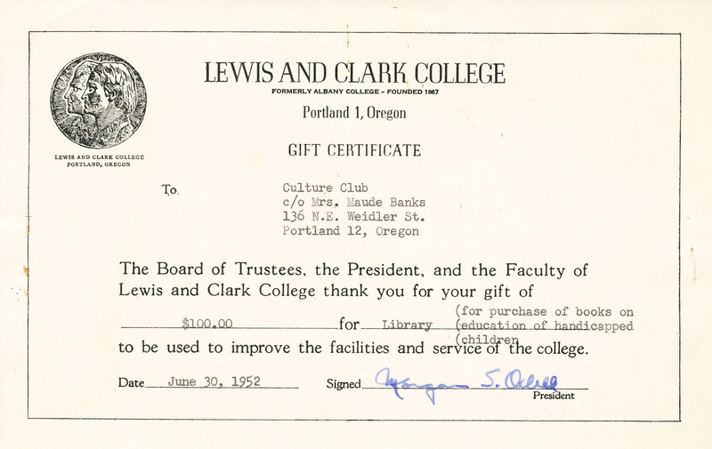 Gift acknowledgement to Culture Club from Lewis and Clark College