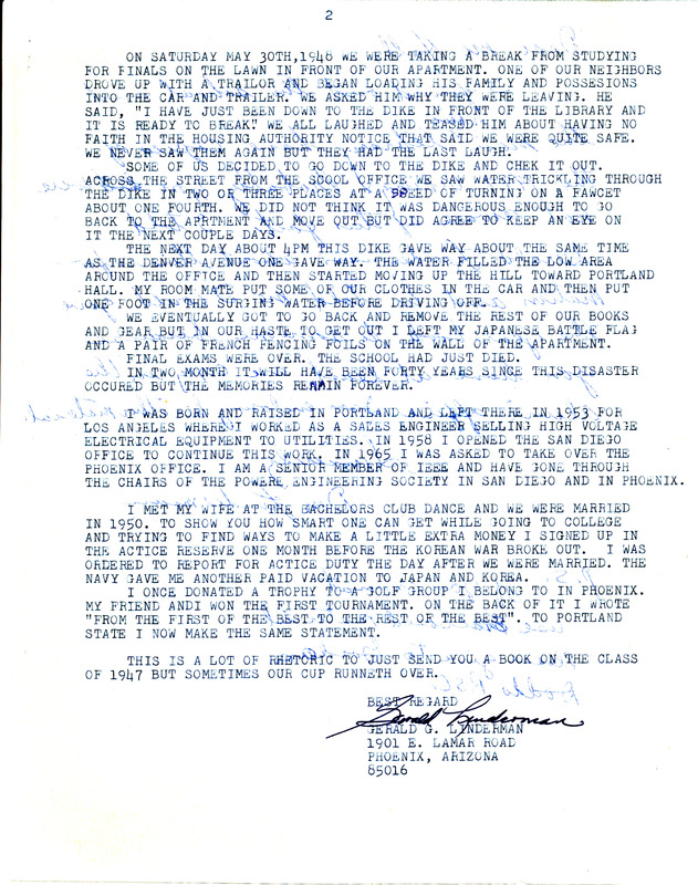 Letter from Gerald Linderman, former Vanport student, to <em>Vanguard</em> in 1988 [Page 2]