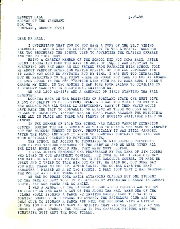 Letter from Gerald Linderman, former Vanport student, to <em>Vanguard</em> in 1988 [Page 1]