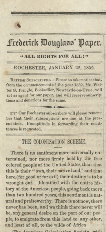 "The Colonization Scheme," <em>Frederick Douglass' Paper</em>