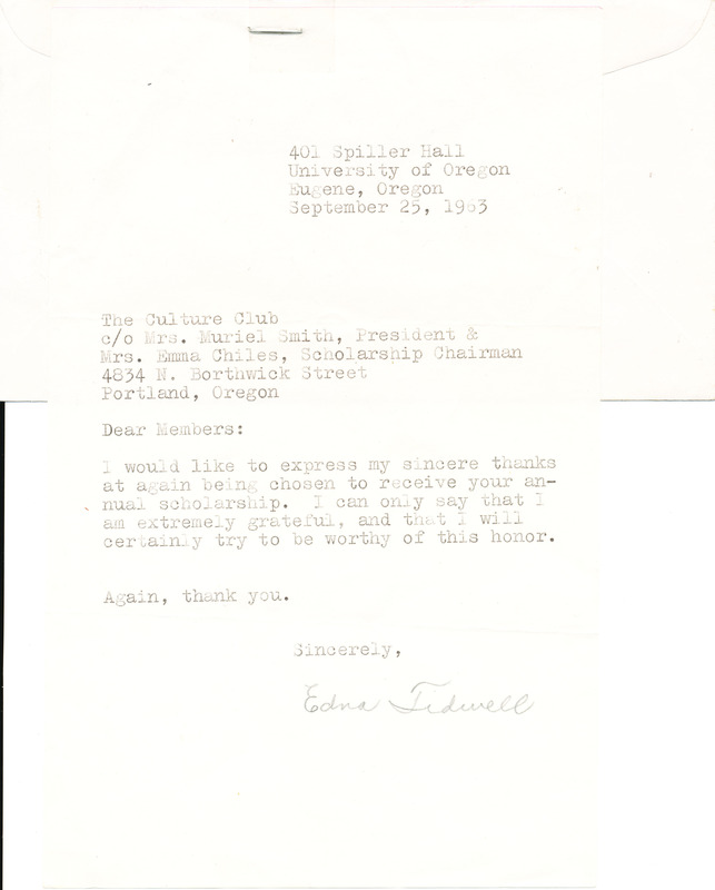 Letter from Edna Tidwell to Culture Club
