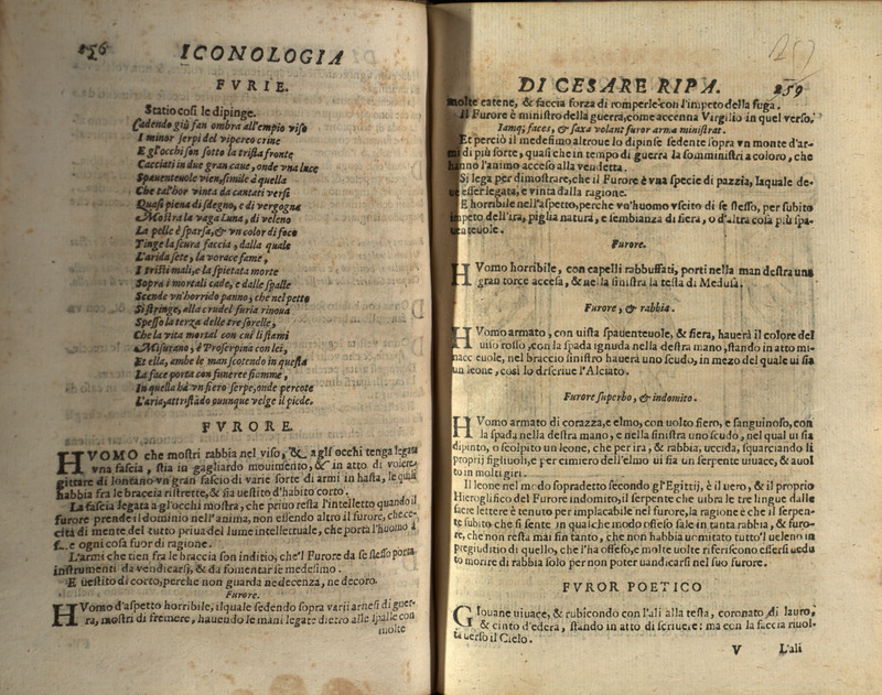 Text of the entry "Furor Poetico," p.257, Iconologia di Cesare Ripa