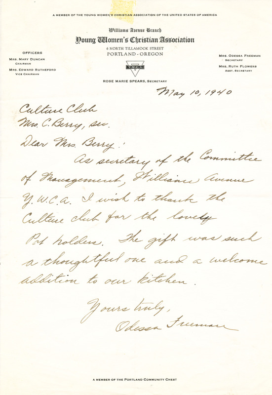Letter from Odessa Freeman to the Culture Club, 1940