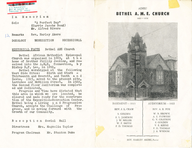 Bethel AME Church program, February 9, 1958