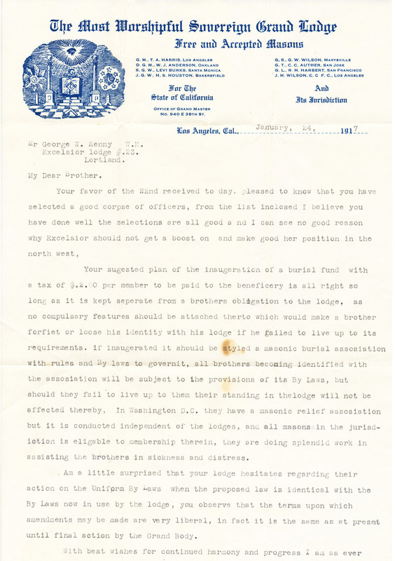 Letter on Masonic letterhead